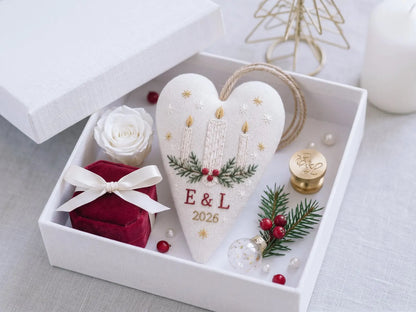 Personalized Christmas Heart Ornament, Embroidered Candle Wedding Ornament, Custom Couple Initials & Year, Christmas Wedding Gift for Couple