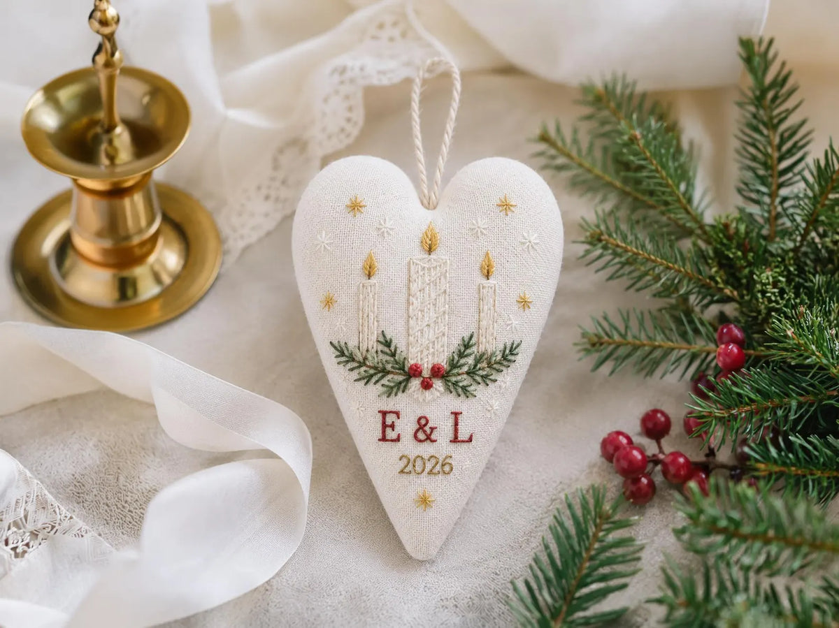 Personalized Christmas Heart Ornament, Embroidered Candle Wedding Ornament, Custom Couple Initials & Year, Christmas Wedding Gift for Couple