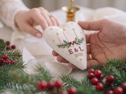 Personalized Christmas Heart Ornament, Embroidered Candle Wedding Ornament, Custom Couple Initials & Year, Christmas Wedding Gift for Couple