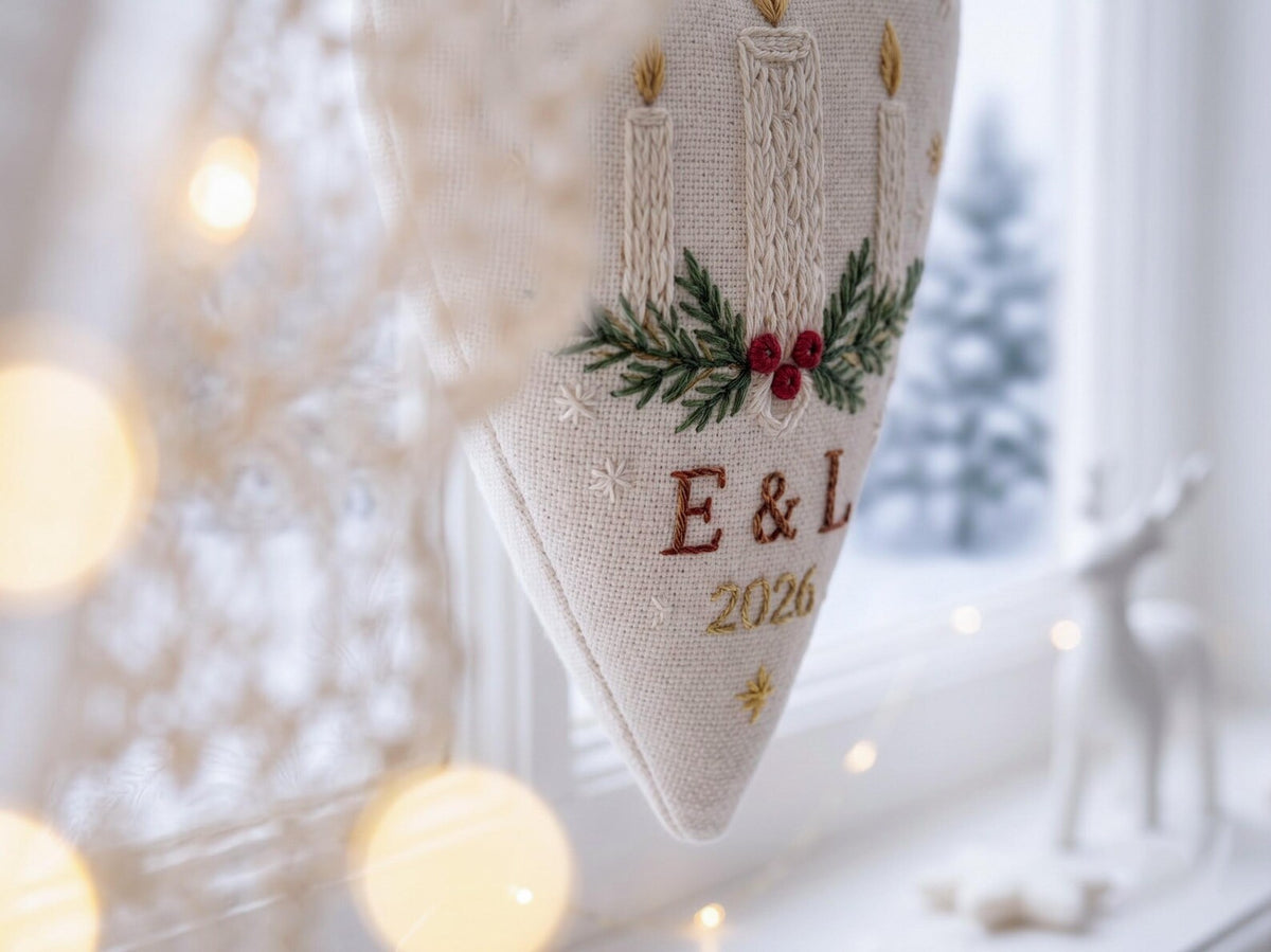 Personalized Christmas Heart Ornament, Embroidered Candle Wedding Ornament, Custom Couple Initials & Year, Christmas Wedding Gift for Couple
