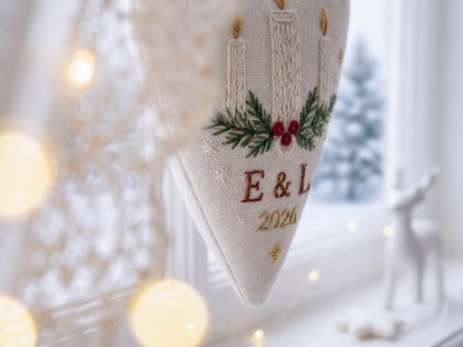 Personalized Christmas Heart Ornament, Embroidered Candle Wedding Ornament, Custom Couple Initials & Year, Christmas Wedding Gift for Couple
