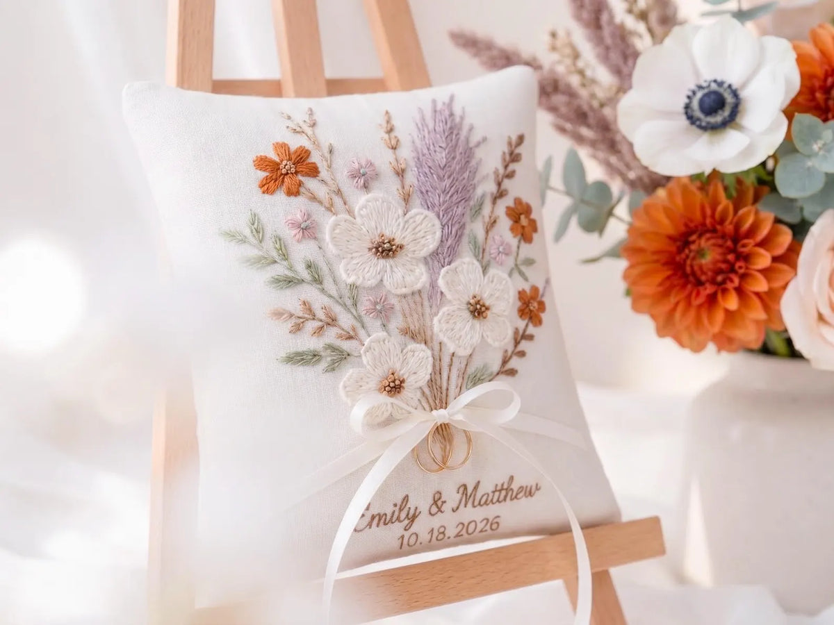 Personalized Wedding Ring Pillow, Boho Dried Floral Embroidered Linen Ring Bearer Pillow, Custom Names & Date, Rustic Wedding Keepsake Gifts