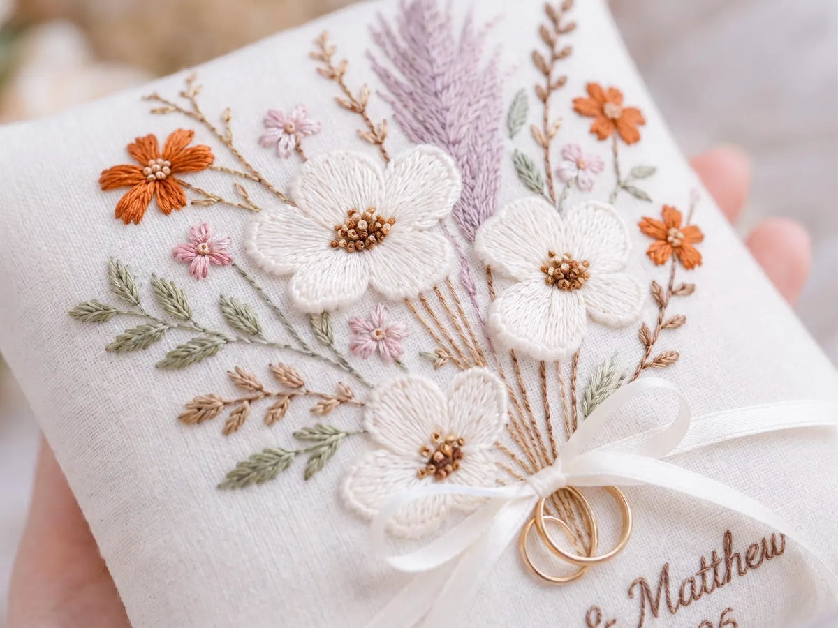 Personalized Wedding Ring Pillow, Boho Dried Floral Embroidered Linen Ring Bearer Pillow, Custom Names & Date, Rustic Wedding Keepsake Gifts
