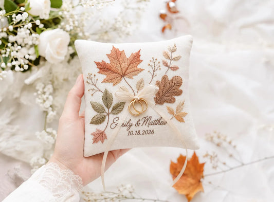 Personalized Autumn Wedding Ring Pillow, Fall Leaves Embroidered Linen Ring Bearer Pillow, Custom Names & Date, Rustic Wedding Keepsake Gift