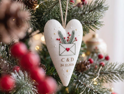 Personalized Christmas Wedding Ornament, Hand Embroidered Heart Keepsake, Custom Initials & Date, Holiday Bride Gift, Newlywed Decor