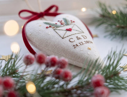 Personalized Christmas Wedding Ornament, Hand Embroidered Heart Keepsake, Custom Initials & Date, Holiday Bride Gift, Newlywed Decor