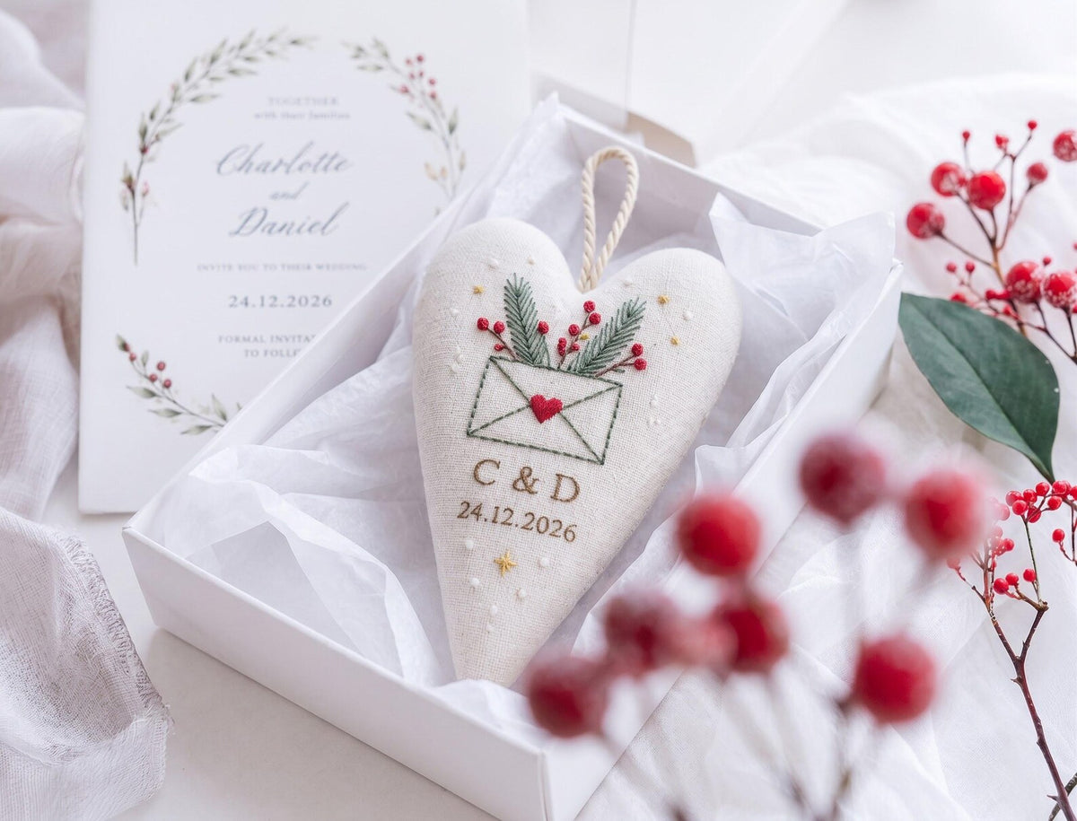 Personalized Christmas Wedding Ornament, Hand Embroidered Heart Keepsake, Custom Initials & Date, Holiday Bride Gift, Newlywed Decor