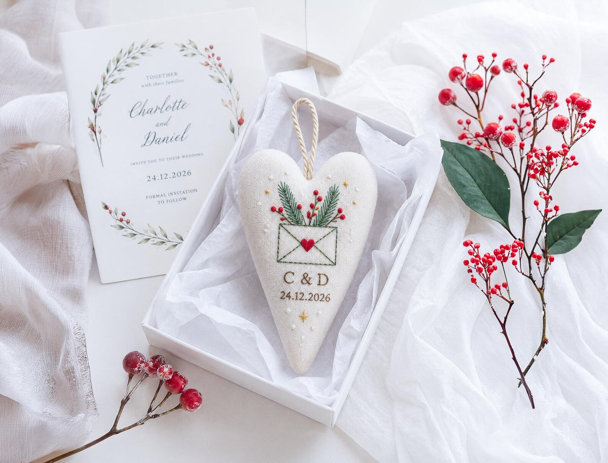 Personalized Christmas Wedding Ornament, Hand Embroidered Heart Keepsake, Custom Initials & Date, Holiday Bride Gift, Newlywed Decor