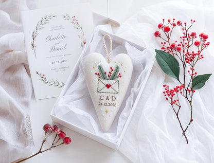 Personalized Christmas Wedding Ornament, Hand Embroidered Heart Keepsake, Custom Initials & Date, Holiday Bride Gift, Newlywed Decor