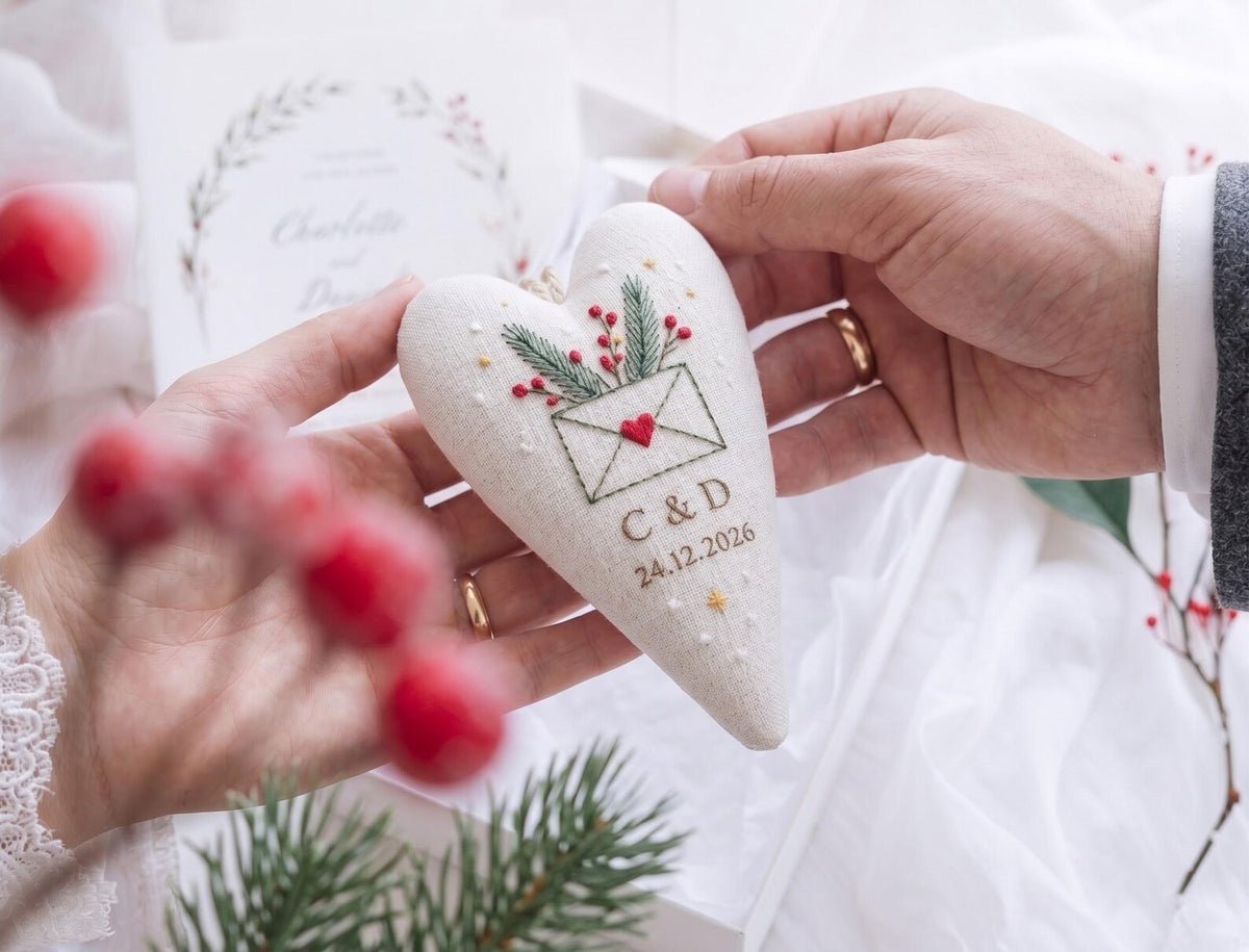 Personalized Christmas Wedding Ornament, Hand Embroidered Heart Keepsake, Custom Initials & Date, Holiday Bride Gift, Newlywed Decor
