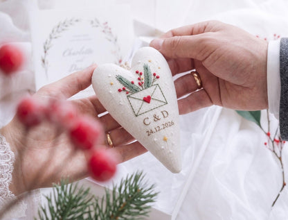 Personalized Christmas Wedding Ornament, Hand Embroidered Heart Keepsake, Custom Initials & Date, Holiday Bride Gift, Newlywed Decor