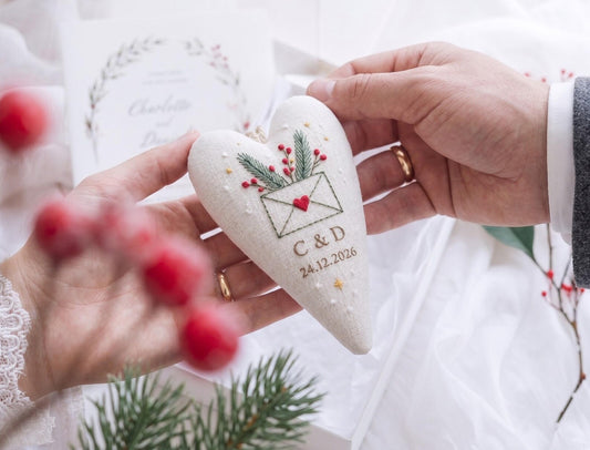 Personalized Christmas Wedding Ornament, Hand Embroidered Heart Keepsake, Custom Initials & Date, Holiday Bride Gift, Newlywed Decor