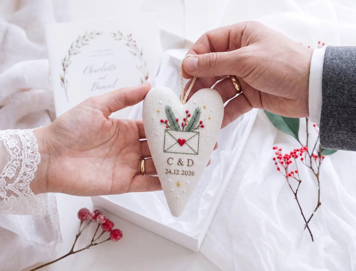 Personalized Christmas Wedding Ornament, Hand Embroidered Heart Keepsake, Custom Initials & Date, Holiday Bride Gift, Newlywed Decor