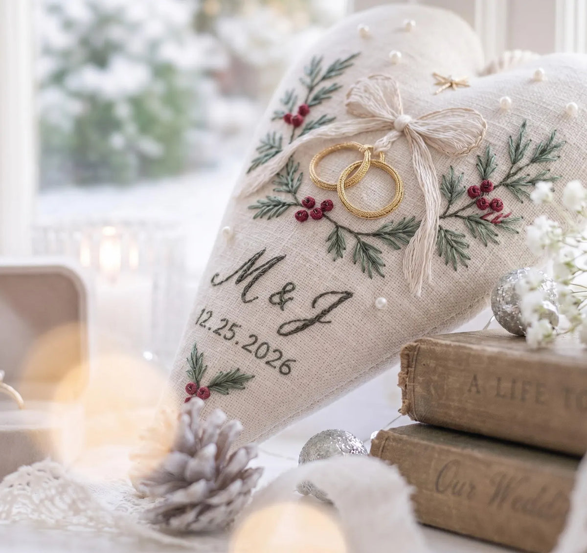 Personalized Christmas Wedding Ornament, Hand Embroidered Wedding Rings & Bow Heart, Custom Initials Date, Holly Newlywed Gift
