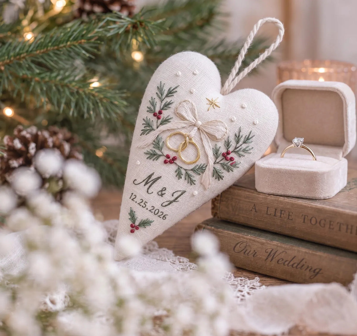 Personalized Christmas Wedding Ornament, Hand Embroidered Wedding Rings & Bow Heart, Custom Initials Date, Holly Newlywed Gift