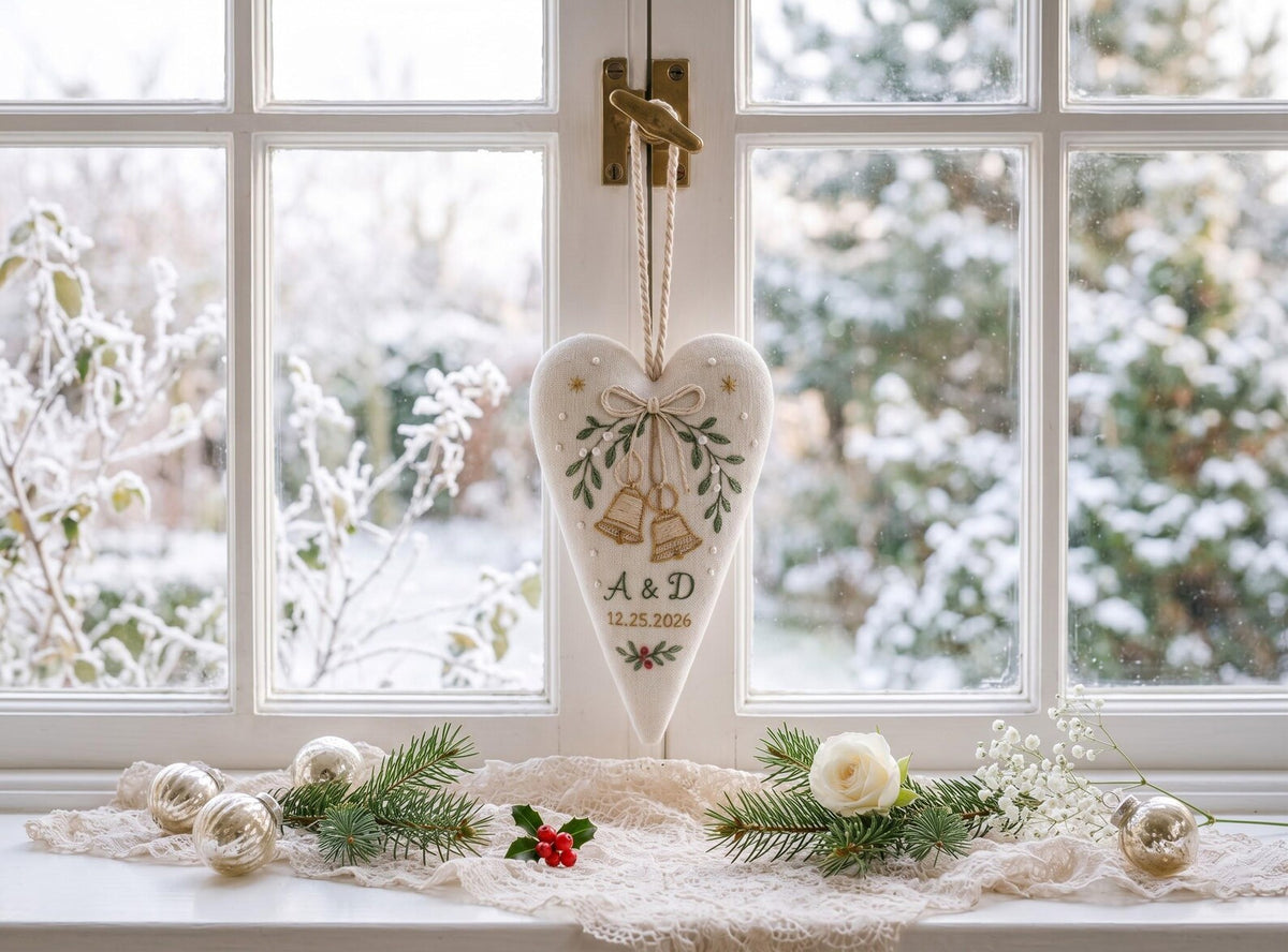 Personalized Christmas Wedding Ornament, Hand Embroidered Wedding Rings & Bow Heart, Custom Initials Date, Holly Newlywed Gift