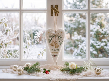 Personalized Christmas Wedding Ornament, Hand Embroidered Wedding Rings & Bow Heart, Custom Initials Date, Holly Newlywed Gift