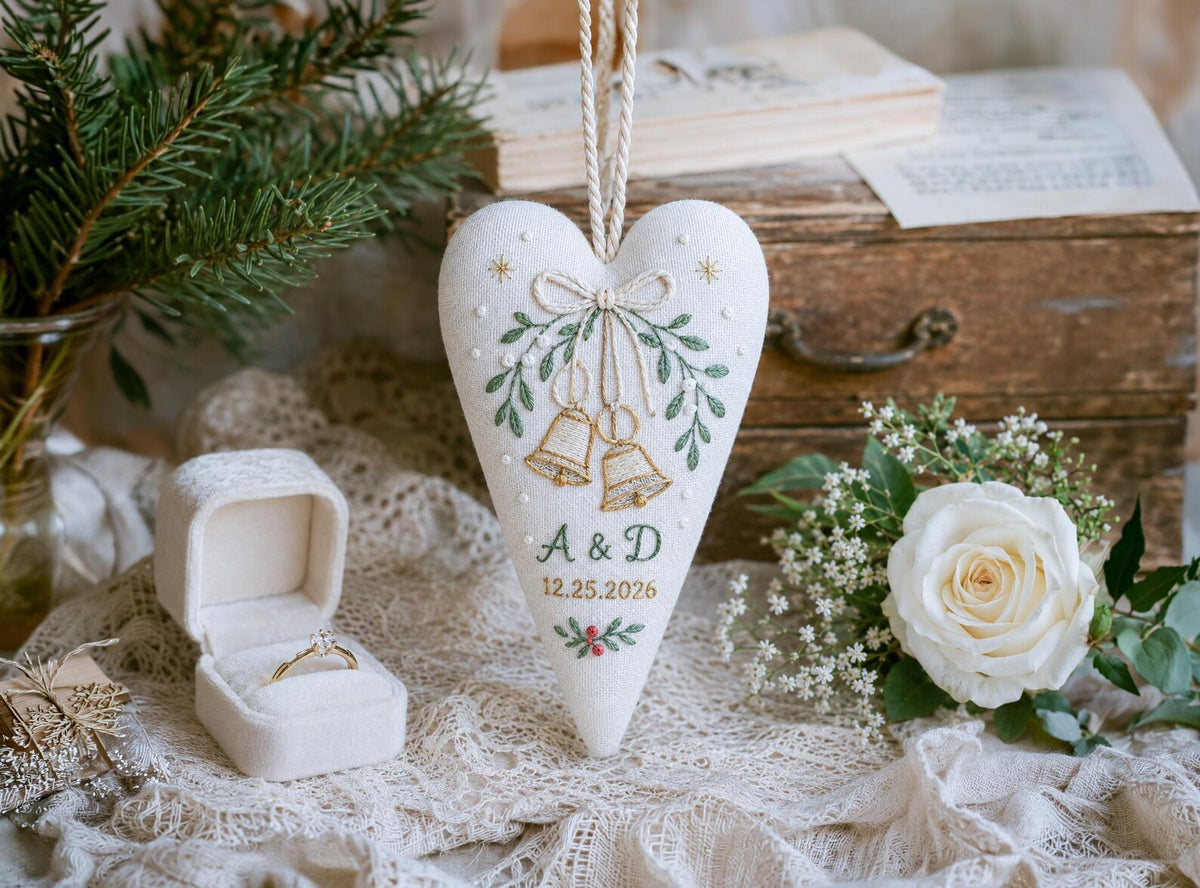 Personalized Christmas Wedding Ornament, Hand Embroidered Wedding Rings & Bow Heart, Custom Initials Date, Holly Newlywed Gift