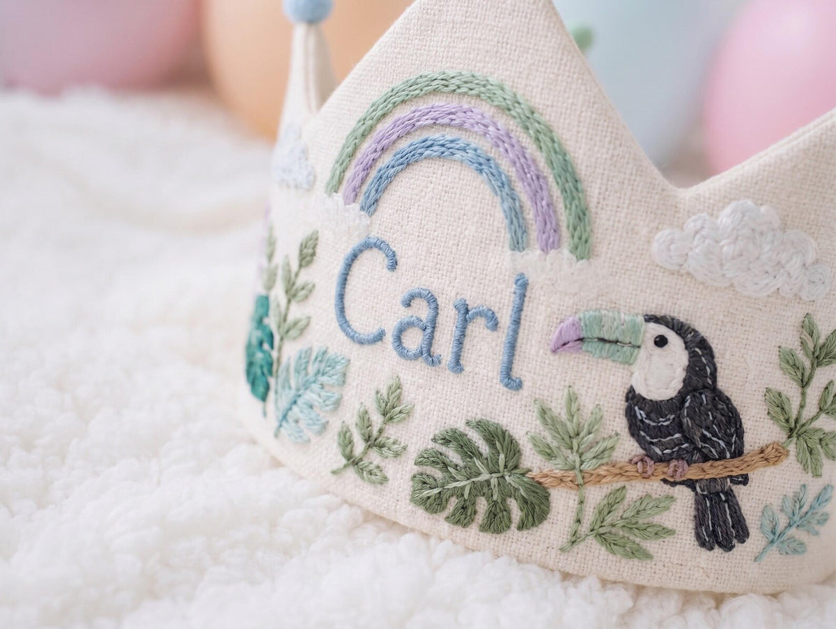 Personalized Birthday Crown, Hand Embroidered Toucan & Rainbow Crown, Custom Name Linen Party Hat, Jungle Birthday Crown for Kids