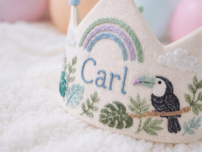 Personalized Birthday Crown, Hand Embroidered Toucan & Rainbow Crown, Custom Name Linen Party Hat, Jungle Birthday Crown for Kids