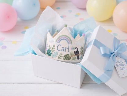 Personalized Birthday Crown, Hand Embroidered Toucan & Rainbow Crown, Custom Name Linen Party Hat, Jungle Birthday Crown for Kids