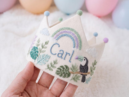 Personalized Birthday Crown, Hand Embroidered Toucan & Rainbow Crown, Custom Name Linen Party Hat, Jungle Birthday Crown for Kids