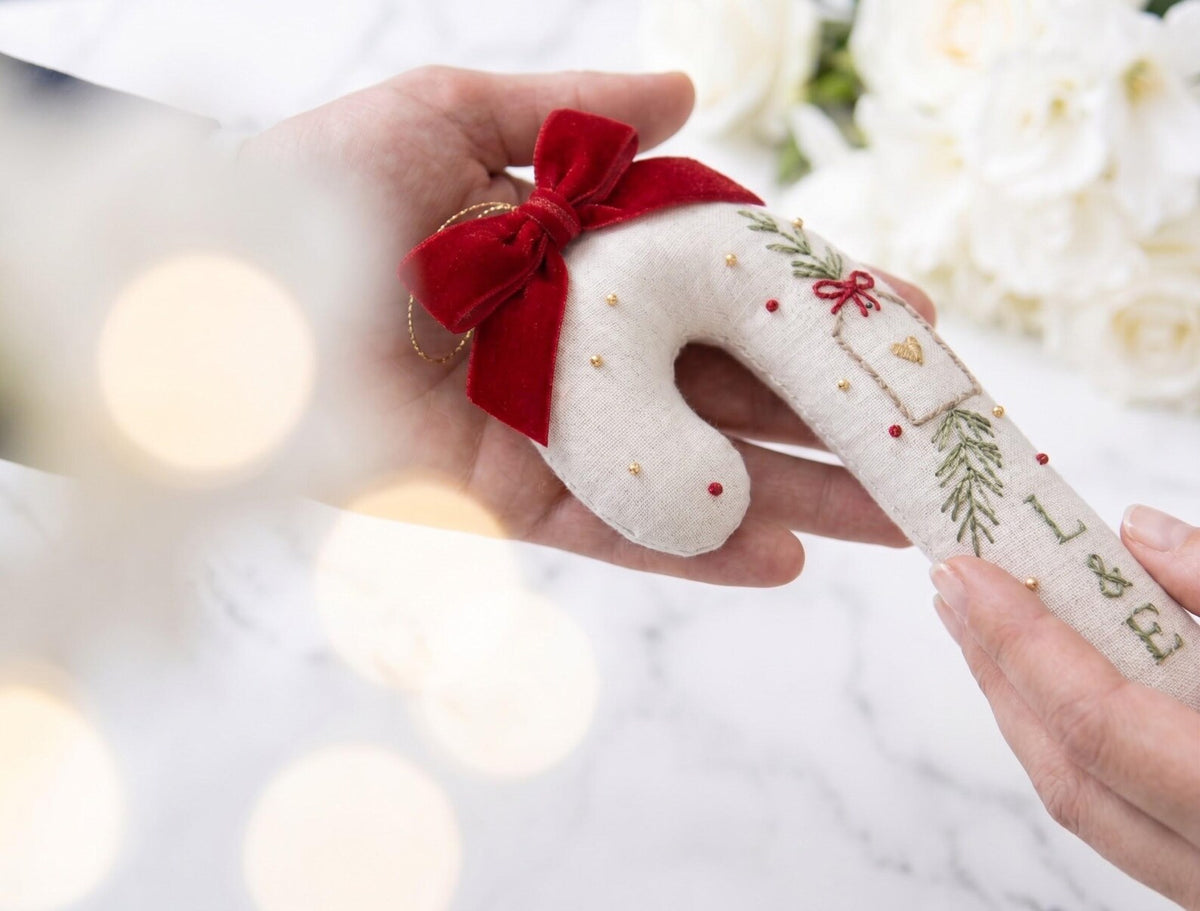 Personalized Christmas Wedding Ornament, Hand Embroidered Candy Cane, Red Bow & Gift Tag, Custom Initials, Newlywed Keepsake