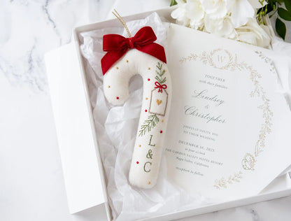 Personalized Christmas Wedding Ornament, Hand Embroidered Candy Cane, Red Bow & Gift Tag, Custom Initials, Newlywed Keepsake