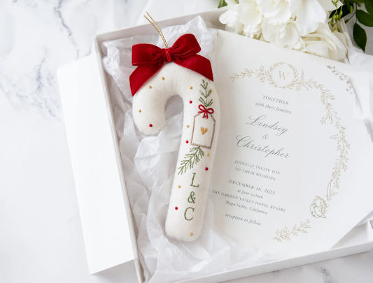 Personalized Christmas Wedding Ornament, Hand Embroidered Candy Cane, Red Bow & Gift Tag, Custom Initials, Newlywed Keepsake