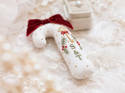 Personalized Christmas Wedding Ornament, Hand Embroidered Candy Cane with Gold Key, Red Bow & Holly, Custom Initials, Newlywed Gift