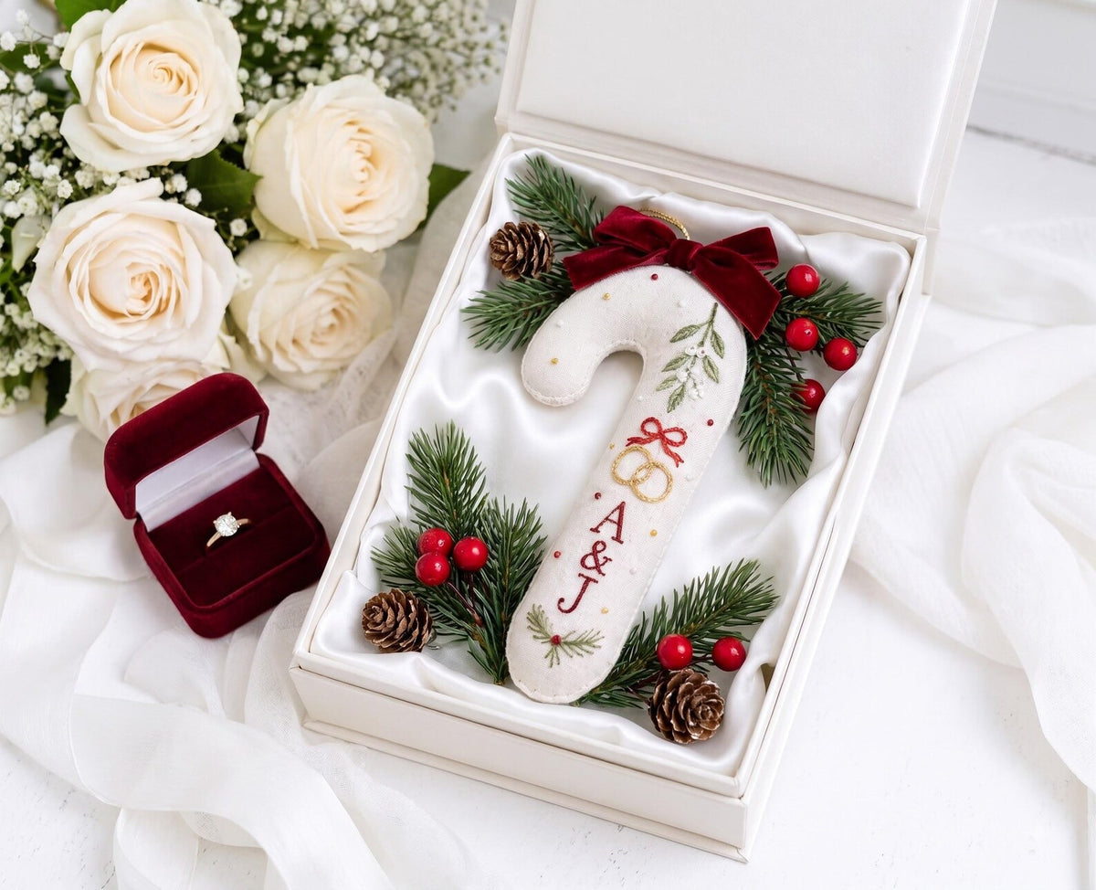 Personalized Christmas Wedding Ornament, Hand Embroidered Candy Cane with Rings, Mistletoe & Red Bow, Custom Initials, Newlywed Gift