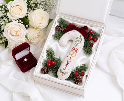 Personalized Christmas Wedding Ornament, Hand Embroidered Candy Cane with Rings, Mistletoe & Red Bow, Custom Initials, Newlywed Gift