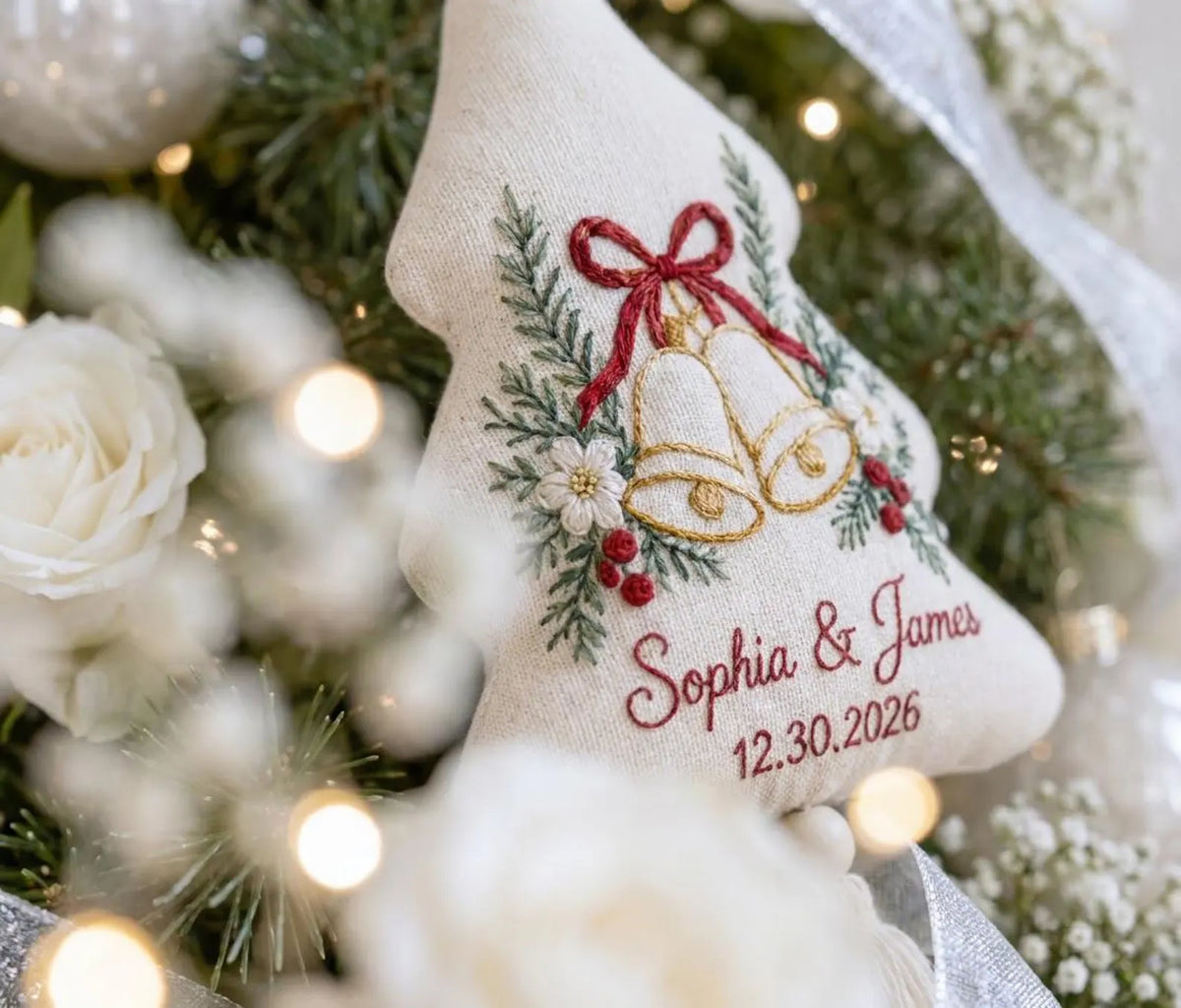Personalized Christmas Tree Wedding Ornament, Hand Embroidered Wedding Bells, Custom Names & Date, Newlywed Holiday Keepsake Gift