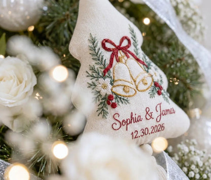 Personalized Christmas Tree Wedding Ornament, Hand Embroidered Wedding Bells, Custom Names & Date, Newlywed Holiday Keepsake Gift