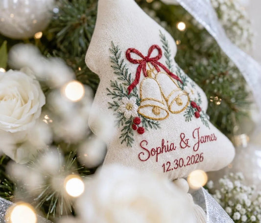Personalized Christmas Tree Wedding Ornament, Hand Embroidered Wedding Bells, Custom Names & Date, Newlywed Holiday Keepsake Gift