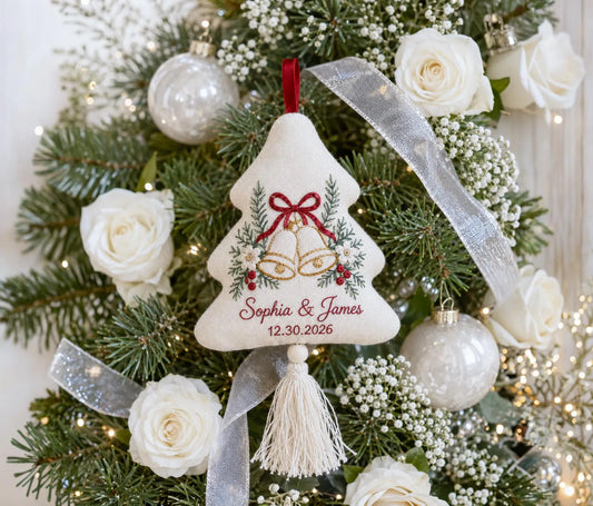 Personalized Christmas Tree Wedding Ornament, Hand Embroidered Wedding Bells, Custom Names & Date, Newlywed Holiday Keepsake Gift