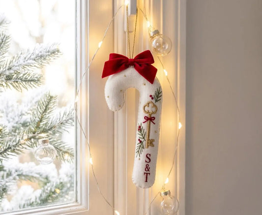 Personalized Christmas Wedding Ornament, Hand Embroidered Candy Cane with Gold Key, Red Bow & Initials, Newlywed Gift