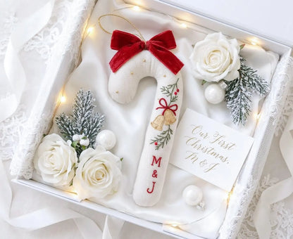 Personalized Christmas Wedding Ornament, Hand Embroidered Candy Cane with Wedding Bells, Red Bow & Initials, Newlywed Gift