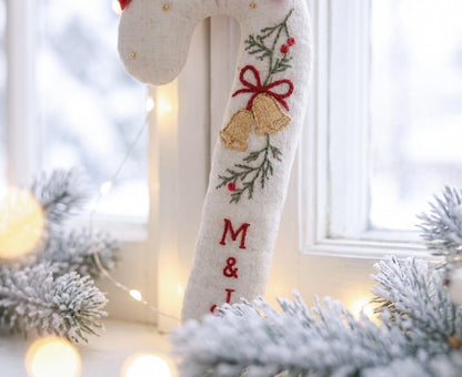 Personalized Christmas Wedding Ornament, Hand Embroidered Candy Cane with Wedding Bells, Red Bow & Initials, Newlywed Gift