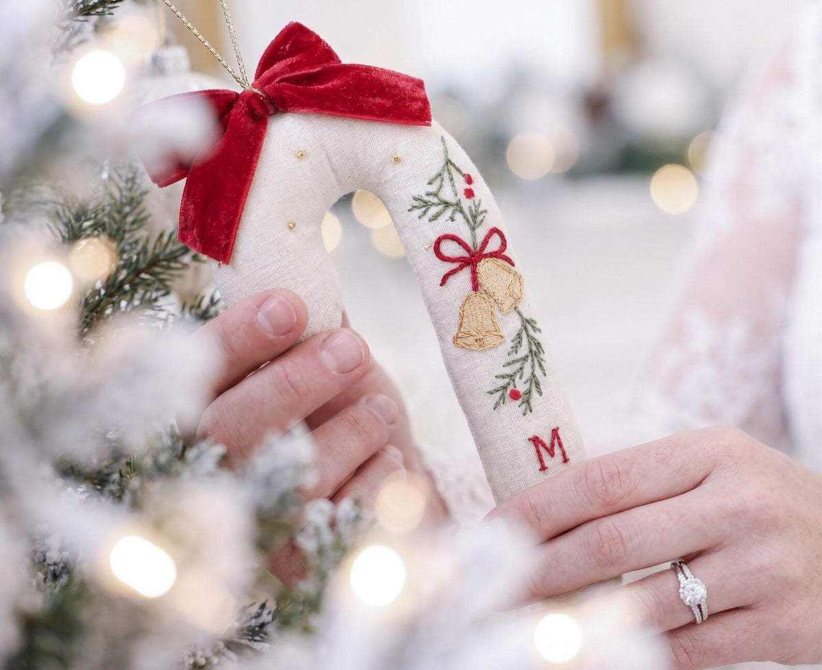 Personalized Christmas Wedding Ornament, Hand Embroidered Candy Cane with Wedding Bells, Red Bow & Initials, Newlywed Gift