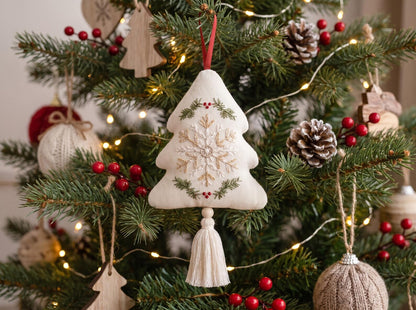 Embroidered Christmas Tree Ornament, Snowflake Linen Ornament, Rustic Holiday Decor, Neutral Xmas Keepsake, Handmade Home Gift for Christmas