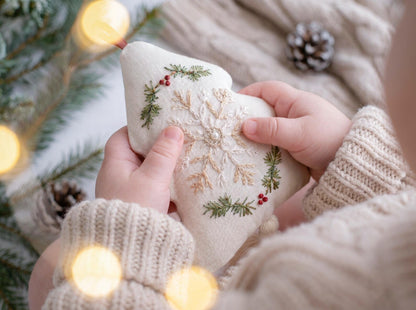 Embroidered Christmas Tree Ornament, Snowflake Linen Ornament, Rustic Holiday Decor, Neutral Xmas Keepsake, Handmade Home Gift for Christmas