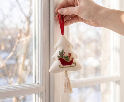 Embroidered Christmas Tree Ornament, Santa Sleigh Linen Ornament, Handmade Holiday Decor, Rustic Xmas Keepsake, Christmas Gift for Home Gift