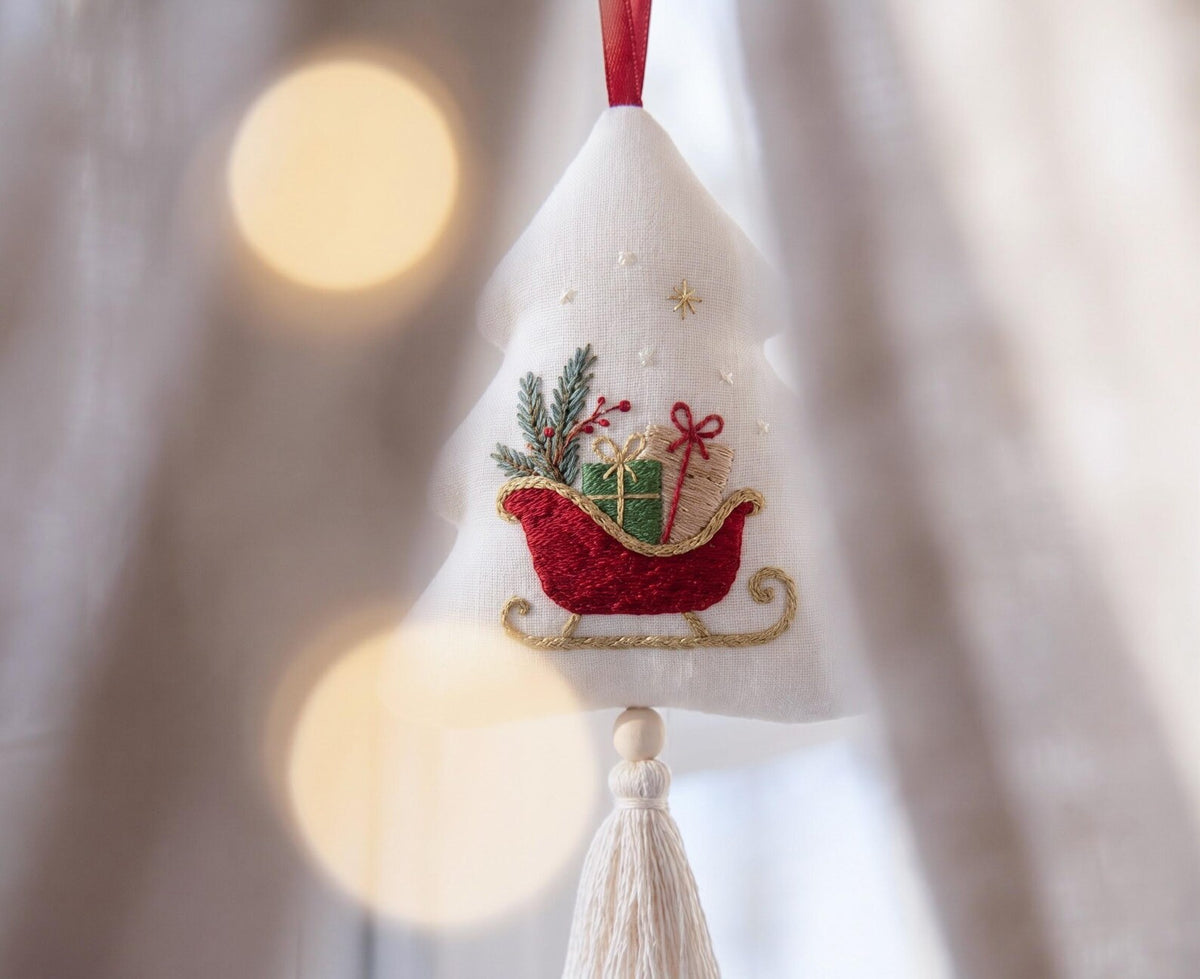 Embroidered Christmas Tree Ornament, Santa Sleigh Linen Ornament, Handmade Holiday Decor, Rustic Xmas Keepsake, Christmas Gift for Home Gift
