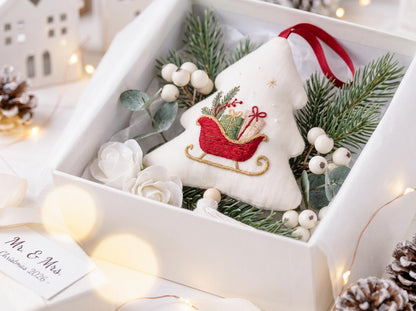 Embroidered Christmas Tree Ornament, Santa Sleigh Linen Ornament, Handmade Holiday Decor, Rustic Xmas Keepsake, Christmas Gift for Home Gift