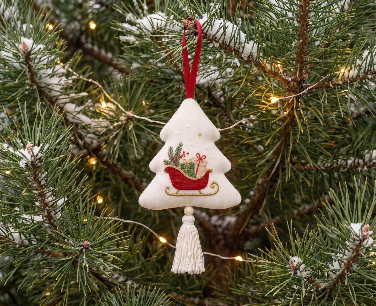 Embroidered Christmas Tree Ornament, Santa Sleigh Linen Ornament, Handmade Holiday Decor, Rustic Xmas Keepsake, Christmas Gift for Home Gift