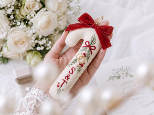 Personalized Candy Cane Ornament, Embroidered Christmas Wedding Ornament, Custom Initials Ring Ornament, Red Bow Holiday Keepsake Gift Decor