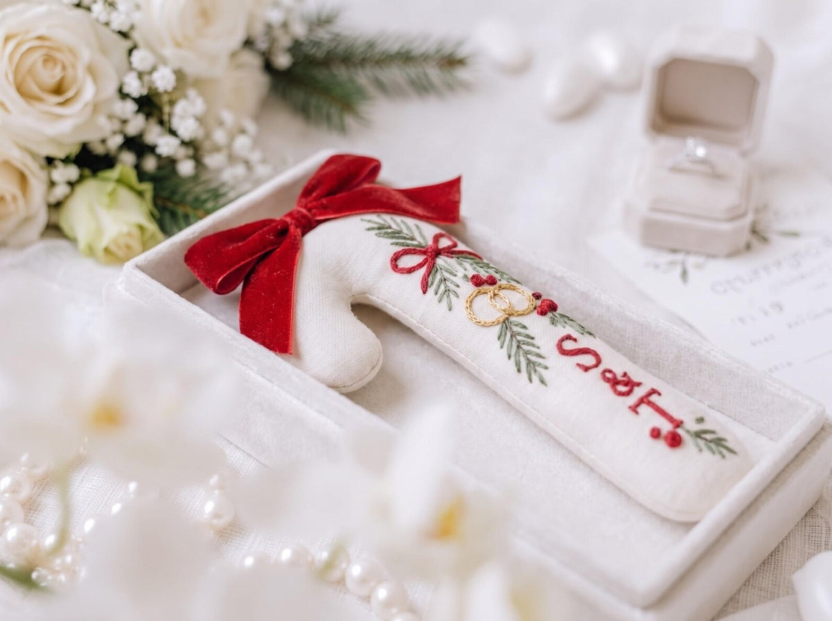 Personalized Candy Cane Ornament, Embroidered Christmas Wedding Ornament, Custom Initials Ring Ornament, Red Bow Holiday Keepsake Gift Decor