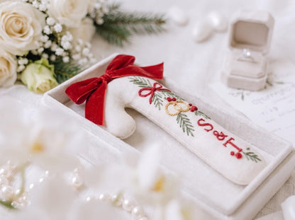 Personalized Candy Cane Ornament, Embroidered Christmas Wedding Ornament, Custom Initials Ring Ornament, Red Bow Holiday Keepsake Gift Decor