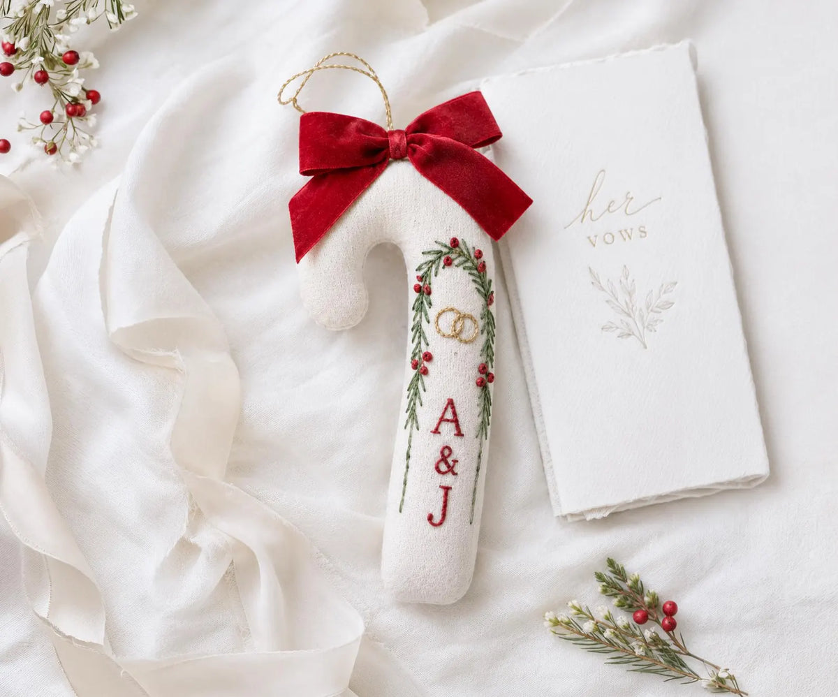 Personalized Candy Cane Ornament, Embroidered Christmas Wedding Ornament, Holly Ring Ornament, Custom Couple Initials, Red Bow Ornament Gift